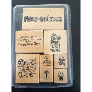 Christmas-Themed Wood Mounted Rubber Stamp Set 8 Pieces